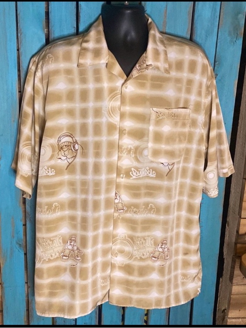 Vintage 90s South Pole AOP lounge shirt size large tan white polyester Korea